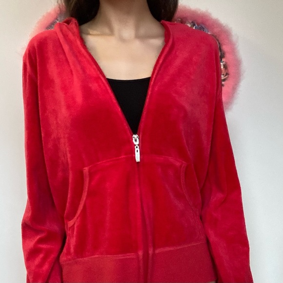 Y2k red velour zip up hoodie - Picture 2 of 7